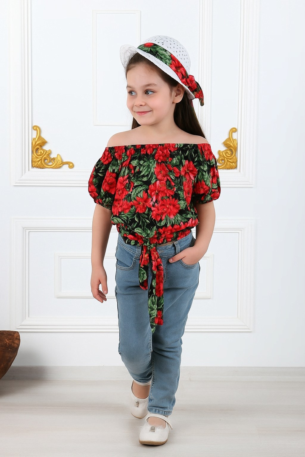 Kız Çocuk Şapkalı , Jeans Pantolon , Bluz Yazlık İkili Takım — KIRMIZI