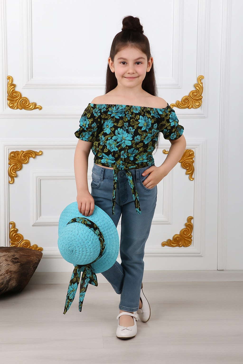 Kız Çocuk Şapkalı , Jeans Pantolon , Bluz Yazlık İkili Takım — MAVİ