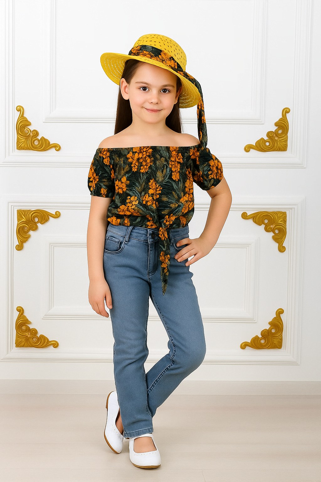 Kız Çocuk Şapkalı , Jeans Pantolon , Bluz Yazlık İkili Takım — PORTAKAL