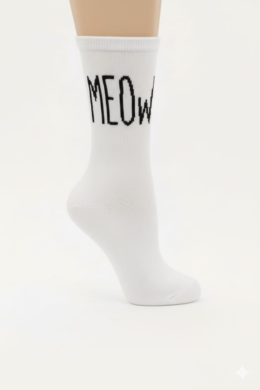 Kız Çocuk MEOW Yazılı Pamuklu Soket Çorap — BEYAZ