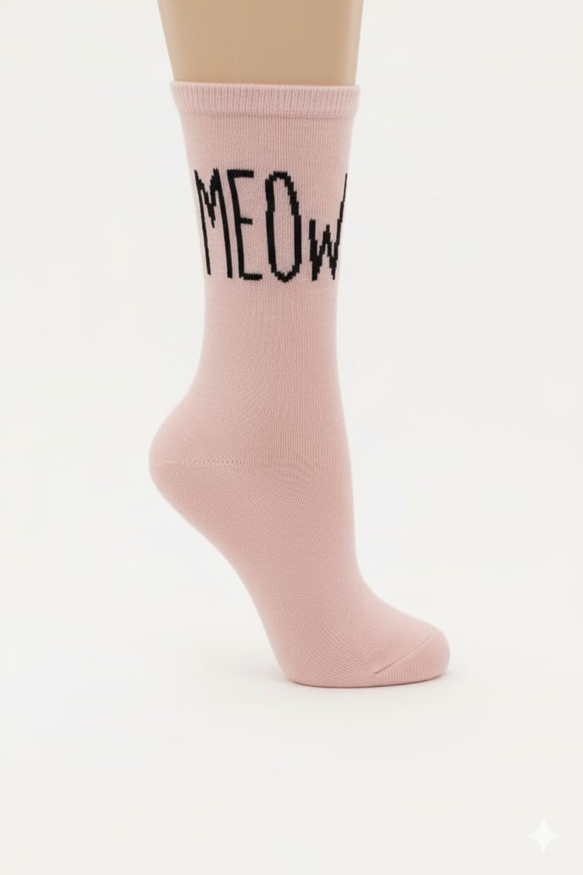 Kız Çocuk MEOW Yazılı Pamuklu Soket Çorap — PEMBE