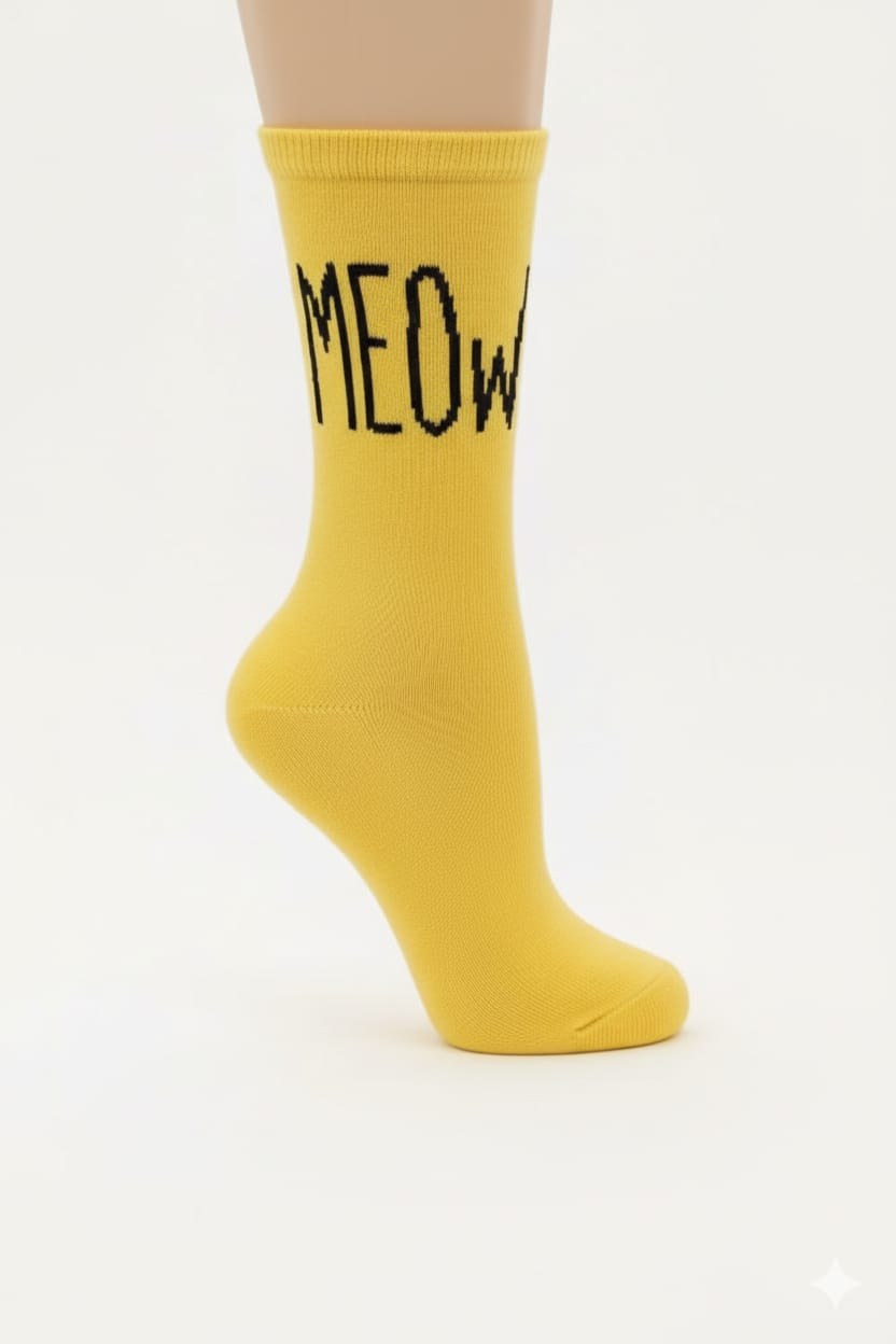 Kız Çocuk MEOW Yazılı Pamuklu Soket Çorap — SARI
