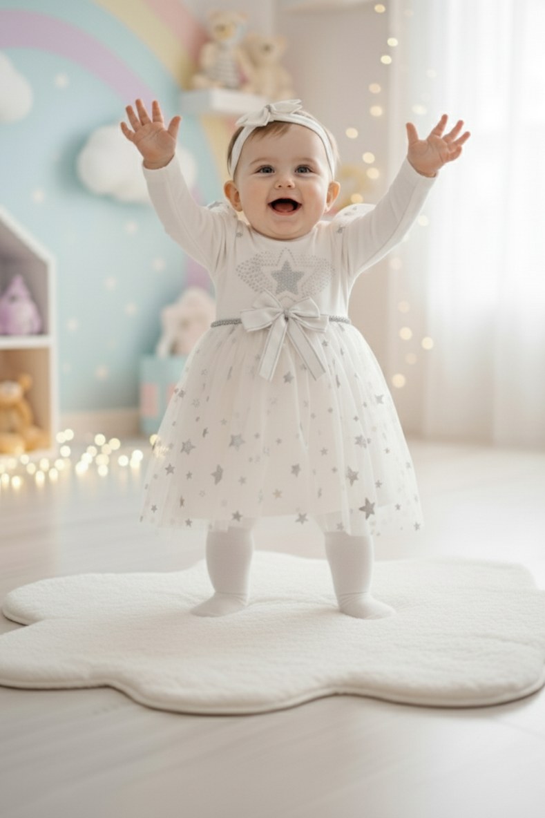 Kız Bebek Tütü Varaklı Saç Bantlı Elbise — EKRU