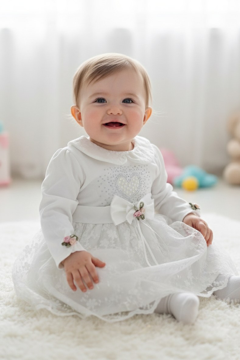 Kız Bebek Taşlı Dantel Mevlit Elbise — EKRU