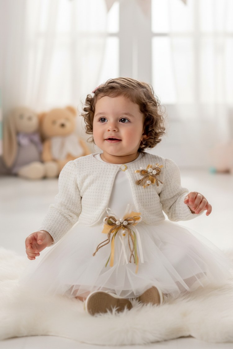 Triko Bolerolu Kız Bebek Elbise — KREM