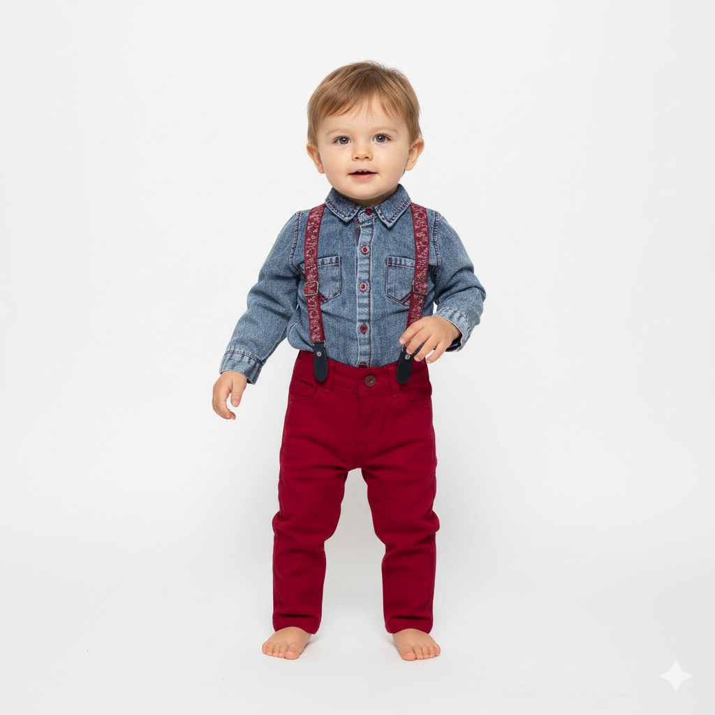 Jeans Gömlek Gabardin Pantolon Erkek Bebek Takımı — BORDO