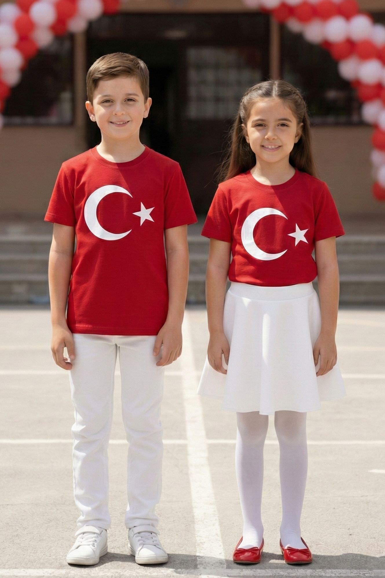Türk Bayrağı Baskılı 23 Nisan Tören Tişörtü - Çocuk Kısa Kollu Pamuklu Penye — KIRMIZI