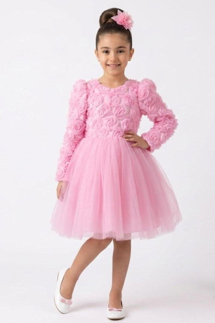 Luvia Uzun Kol Kız Tütü Abiye Elbise — PEMBE