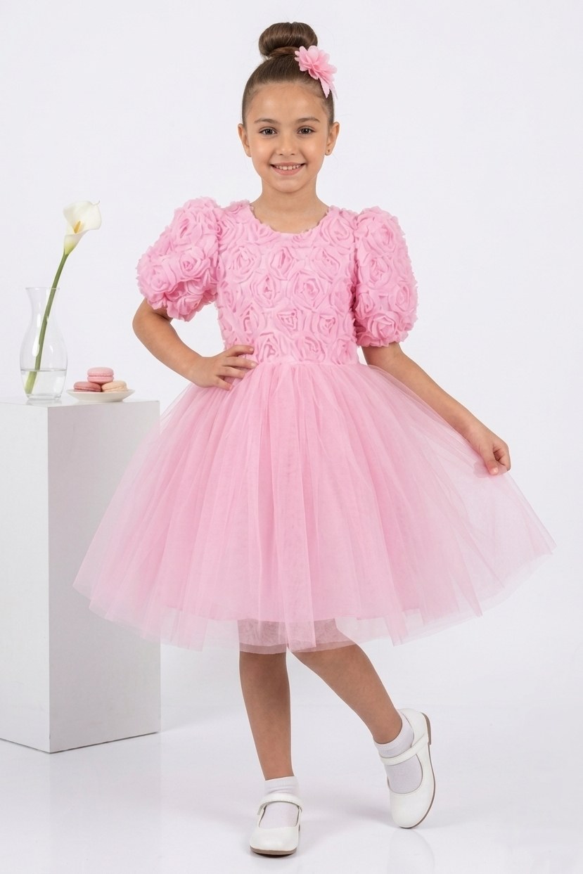 Luvia Kısa Kol Kız Tütü Abiye Elbise — PEMBE