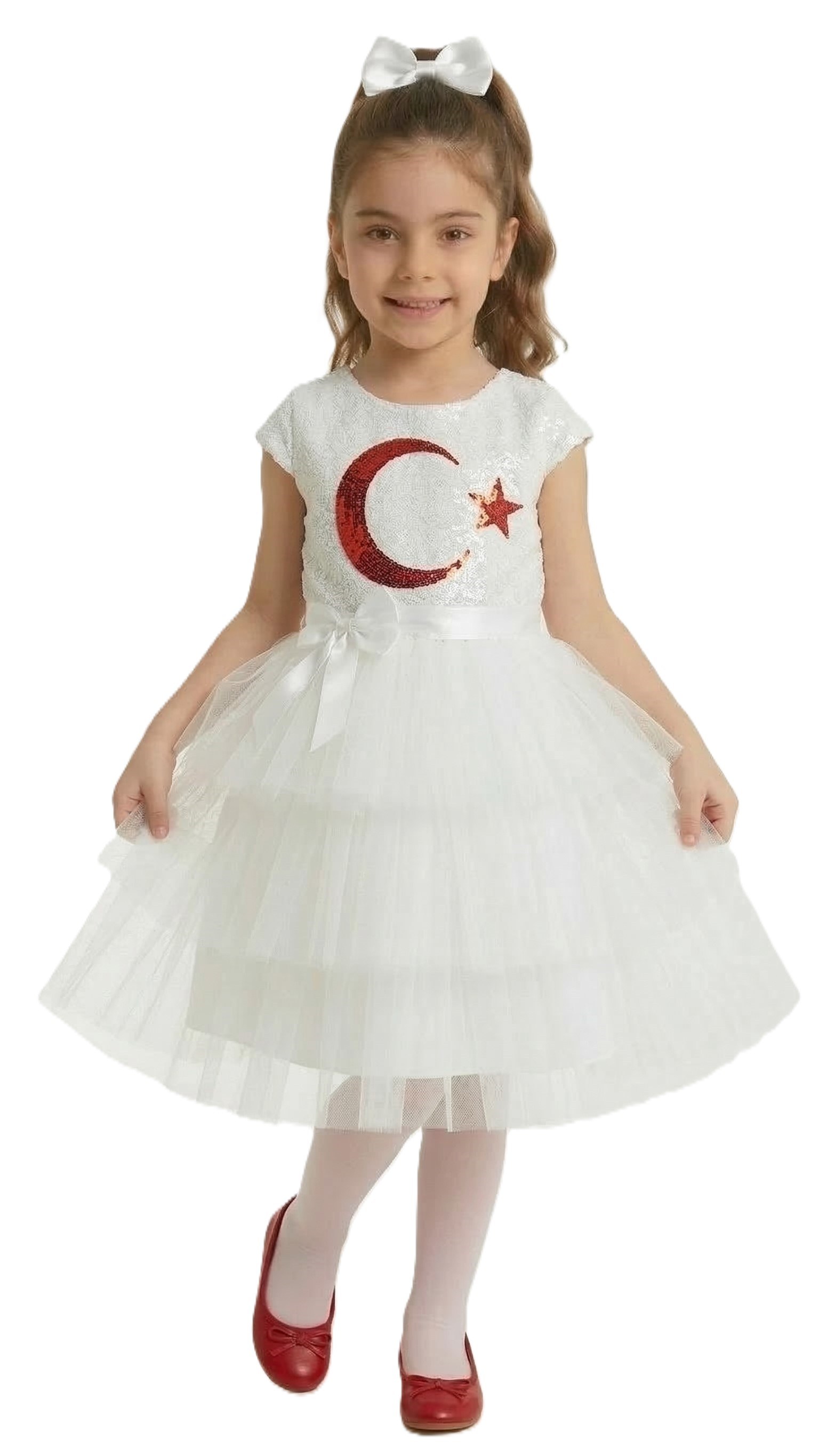 Ay Yıldız Motifli Kız Çocuk 23 Nisan Elbisesi — BEYAZ