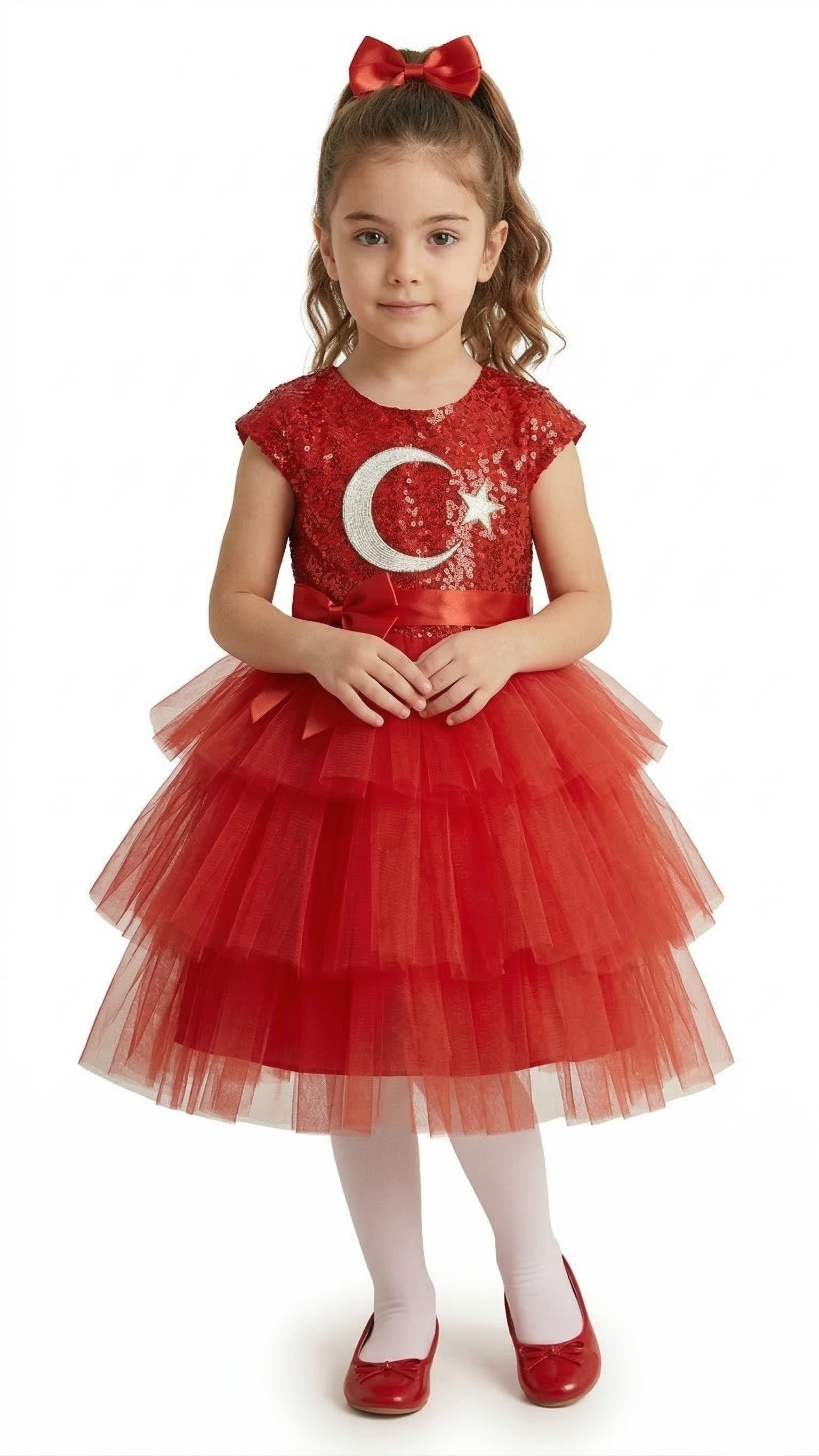 Ay Yıldız Motifli Kız Çocuk 23 Nisan Elbisesi — KIRMIZI
