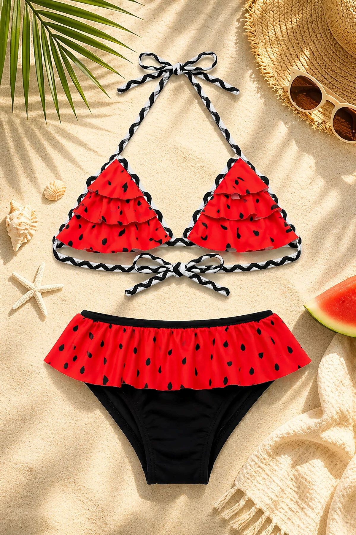 Kız Çocuk Desenli Mayo Deniz ve Havuz Bikini Takımı — KIRMIZI
