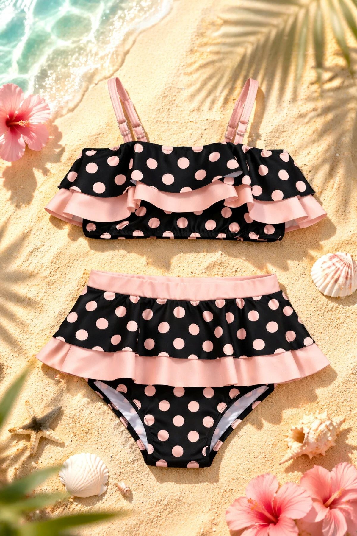 Kız Çocuk Desenli Mayo Deniz ve Havuz Bikini Takımı — SİYAH
