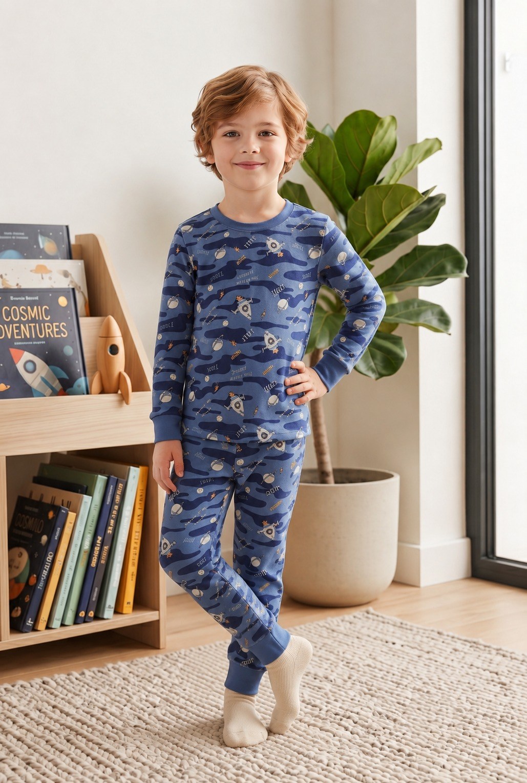 Erkek Çocuk Baskılı Penye Pijama Takımı — MAVİ