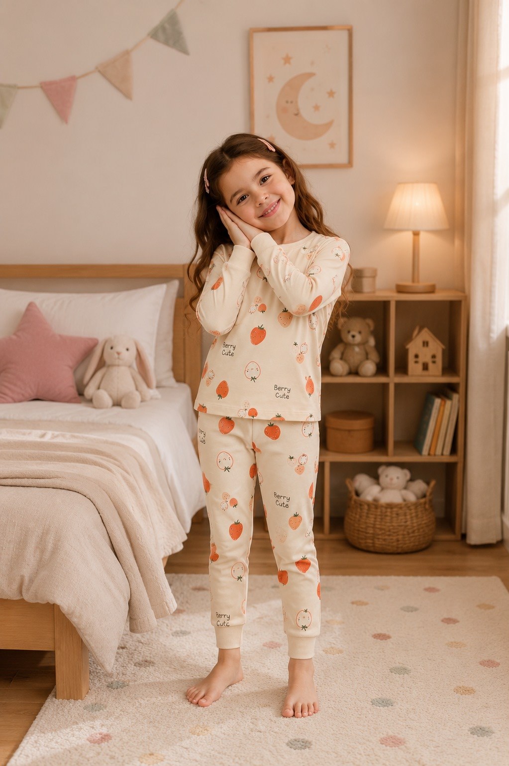 Kız Çocuk Baskılı Pamuku 2li Pijama Takım — BEJ