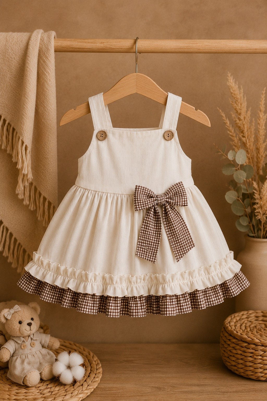 Kız Bebek %100 Pamuklu Fiyonk Detaylı Elbise — BEJ