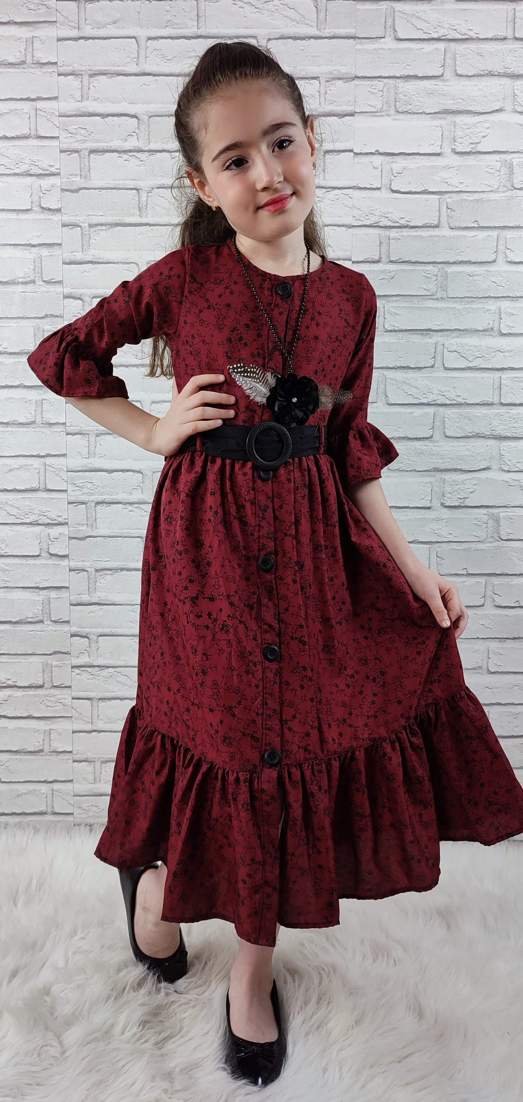 Vintage Basma Kız Çocuk Elbise — BORDO