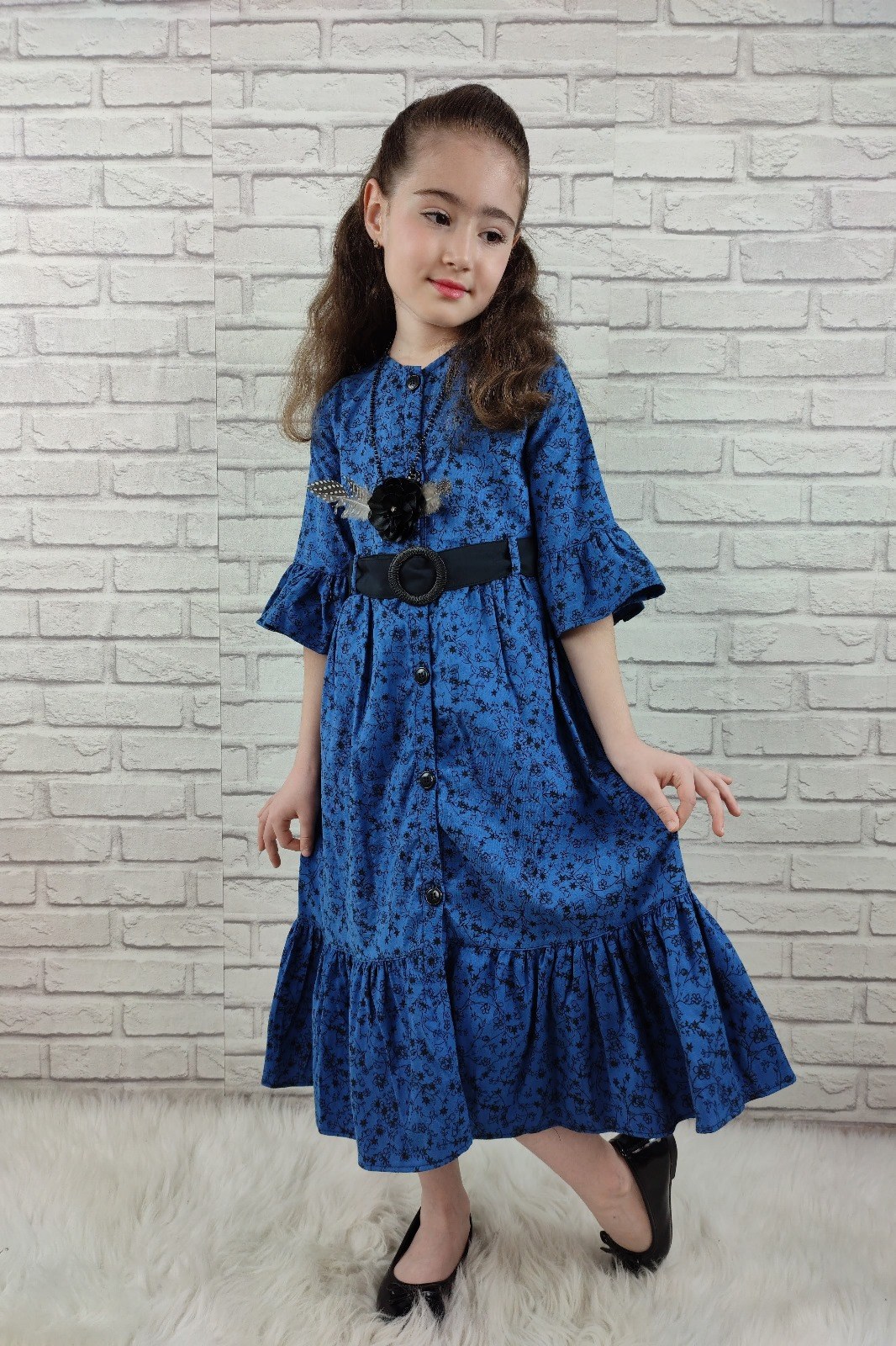 Vintage Basma Kız Çocuk Elbise — MAVİ