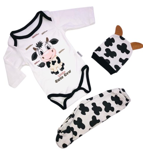 Sevimli İnek Motif Penye Unisex Şapkalı Badili 3lü Bebek Takımı — BEYAZ