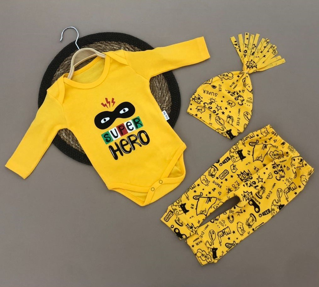 Super Hero Kukuleta Şapkalı Badili 3lü Bebek Takımı — SARI