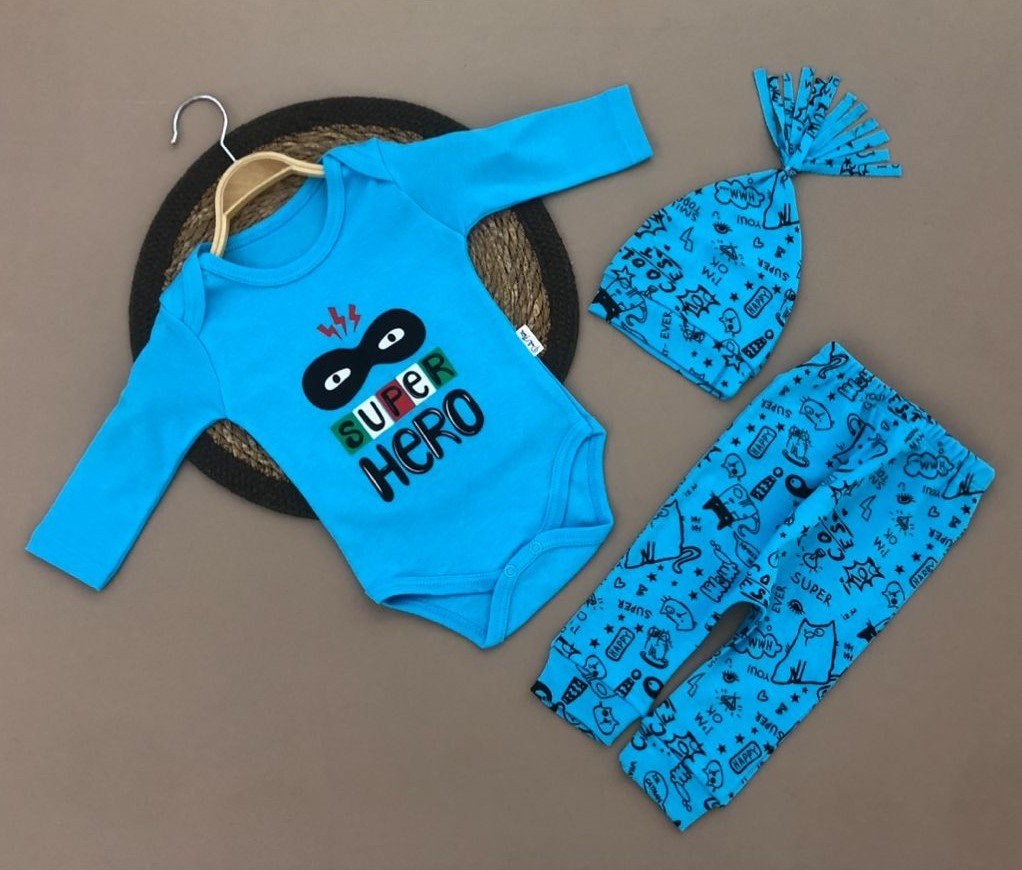 Super Hero Kukuleta Şapkalı Badili 3lü Bebek Takımı — TURKUAZ
