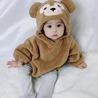 Kız Ve Erkek Çocuk İçin Kapüşonlu Bebek Peluş Çıtçıtlı Body — KAHVERENGİ