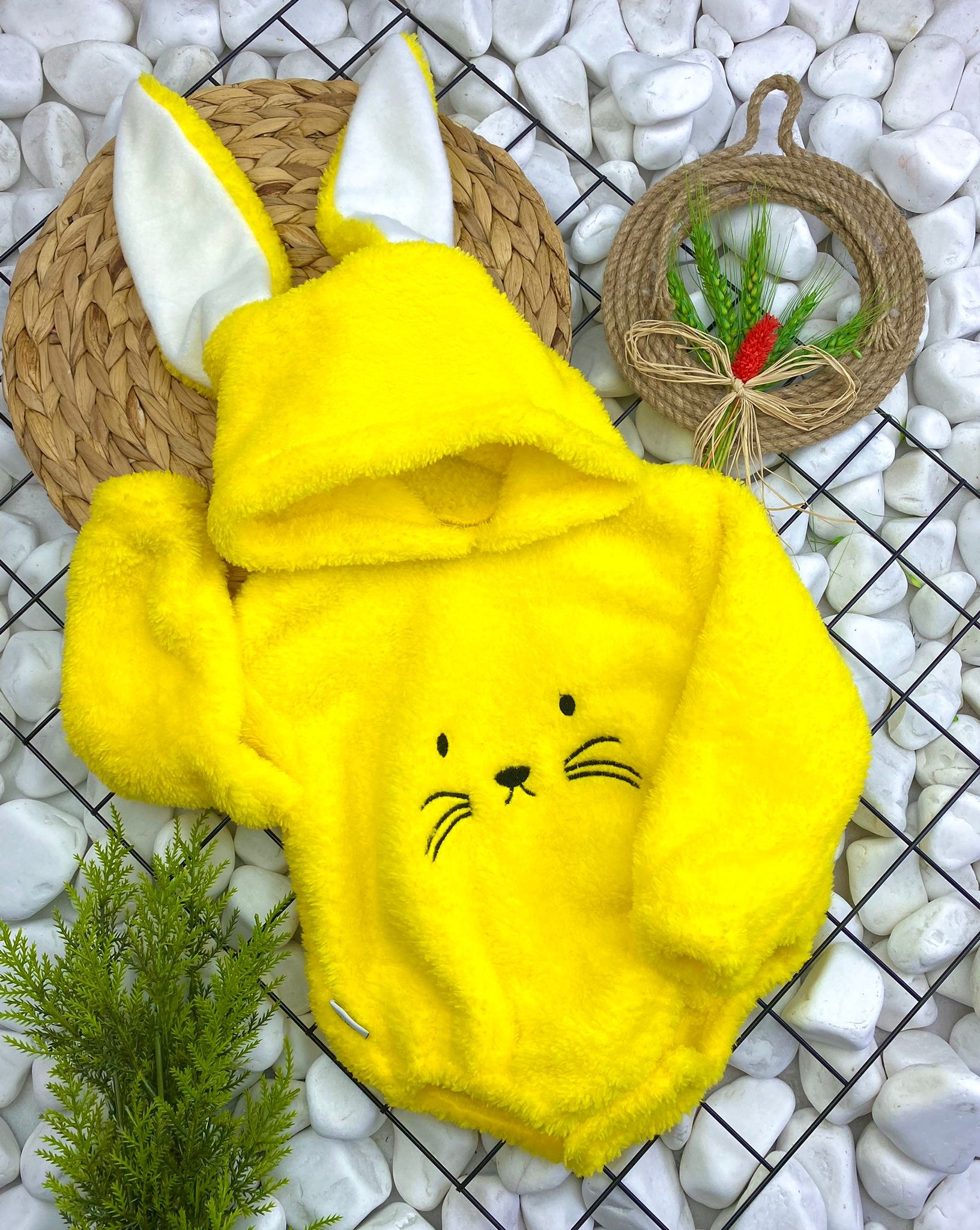 Kız Ve Erkek Çocuk İçin Kapüşonlu Bebek Peluş Çıtçıtlı Body — SARI