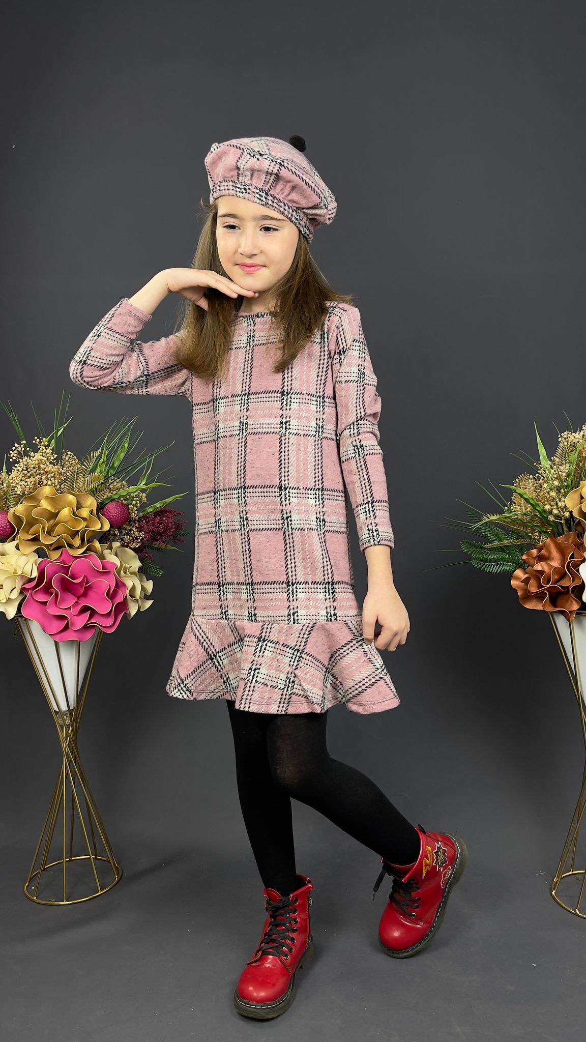 Kız Çocuk Şapkalı Kışlık Uzun Kol Elbise — PEMBE