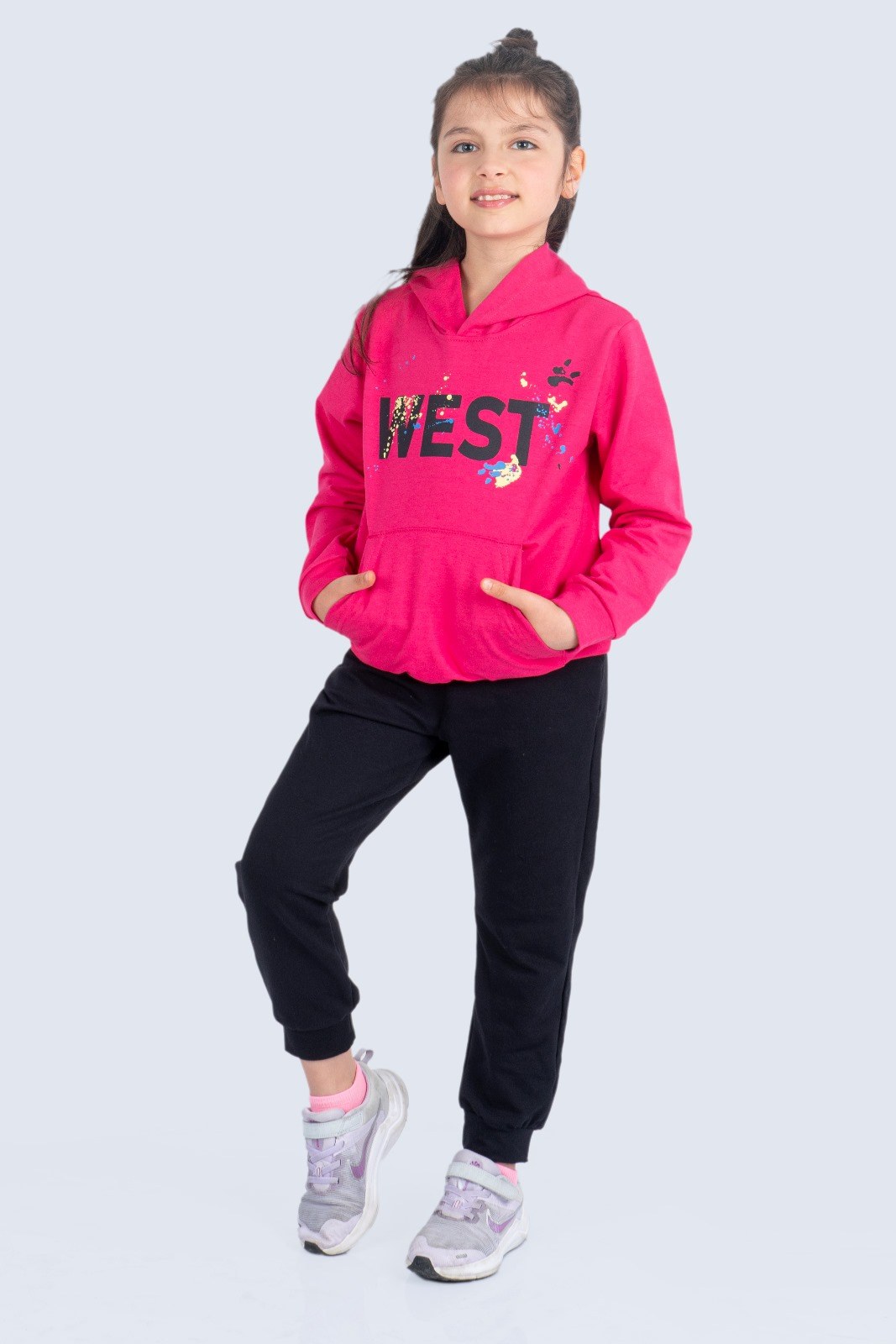 West Kanguru Cepli Kapüşonlu Kız Çocuk 2iplik Eşofman — FUŞYA