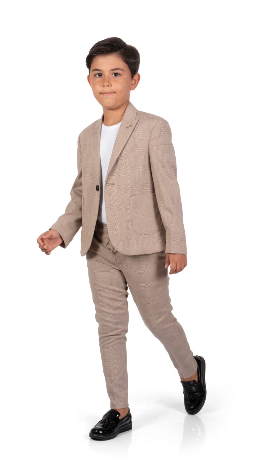 Ekose Desen Spor Erkek Çocuk Ceket, Tişört , Jogger Pantolonlu Takım — KAHVERENGİ