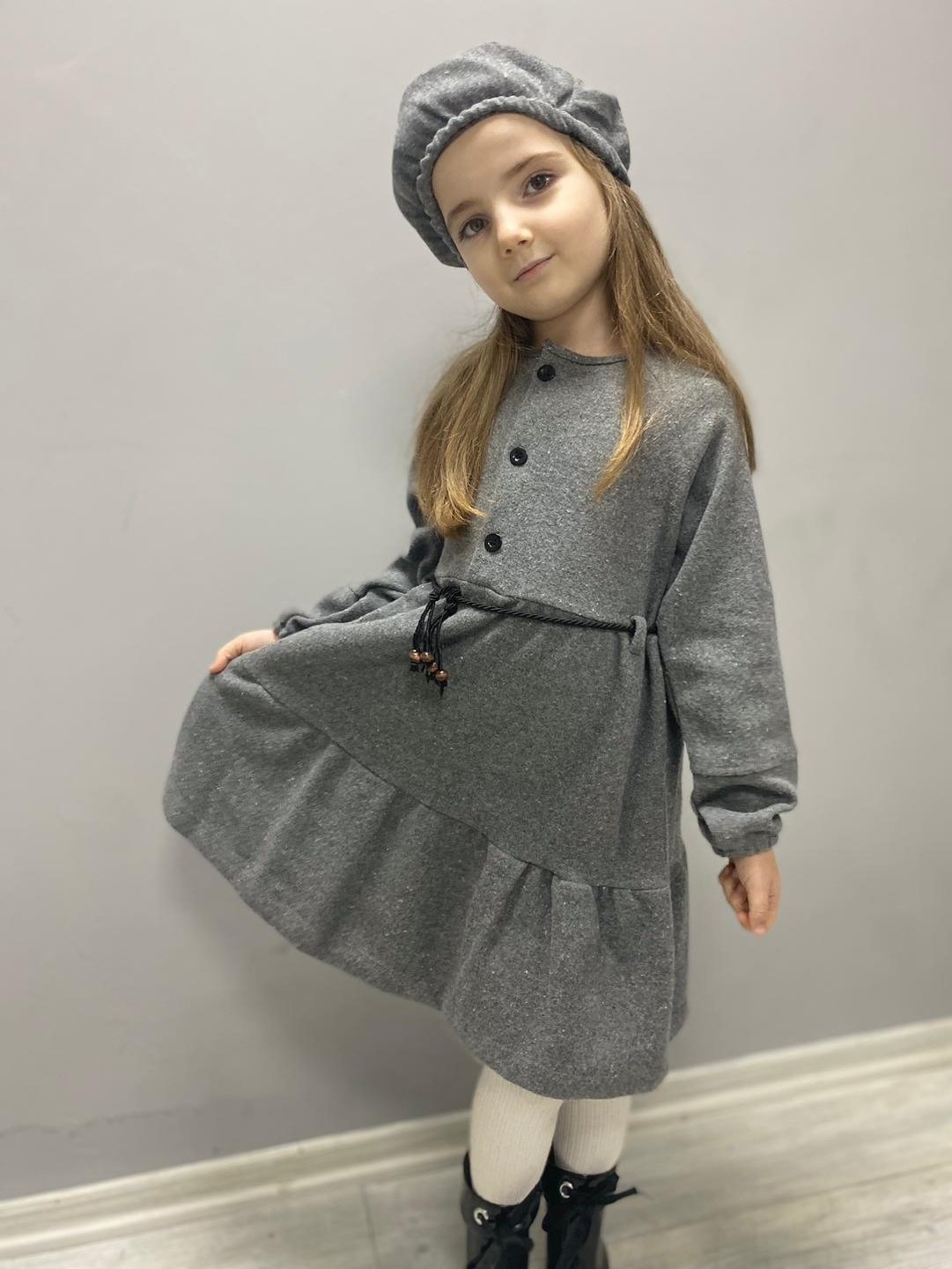 Kaşe Kumaş Şapkalı Kız Çocuk Elbise — GRİ