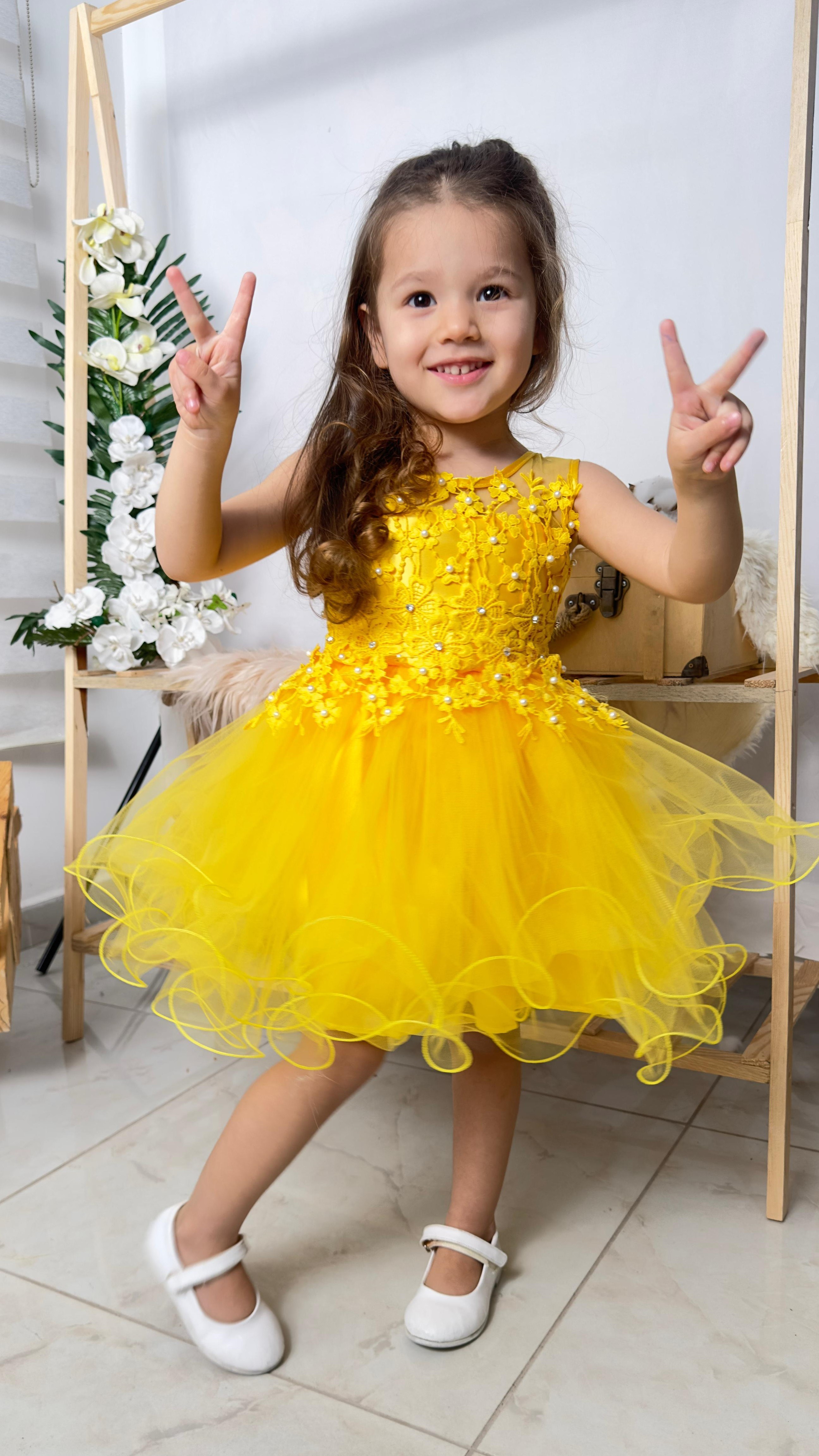 İncili Kız Çocuk Daisy Elbise — SARI