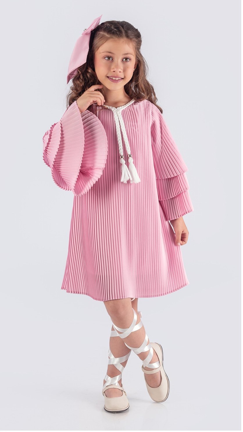 Kız Çocuk Krep Plise Elbise — PEMBE