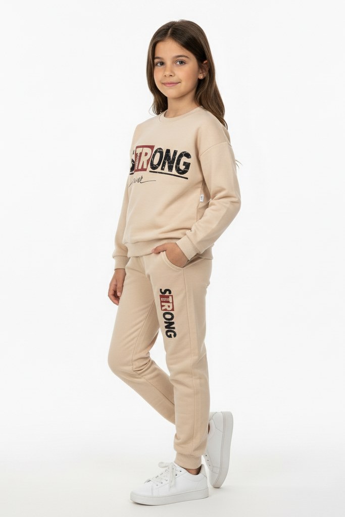 Strong Motif Kız Çocuk Eşofman — BEJ
