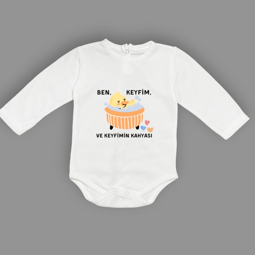 Ben Keyfim Ve Keyfimin Kahyası Baskılı Uzun Kollu Bebek Body Zıbın Çıtçıtlı Badi — EKRU