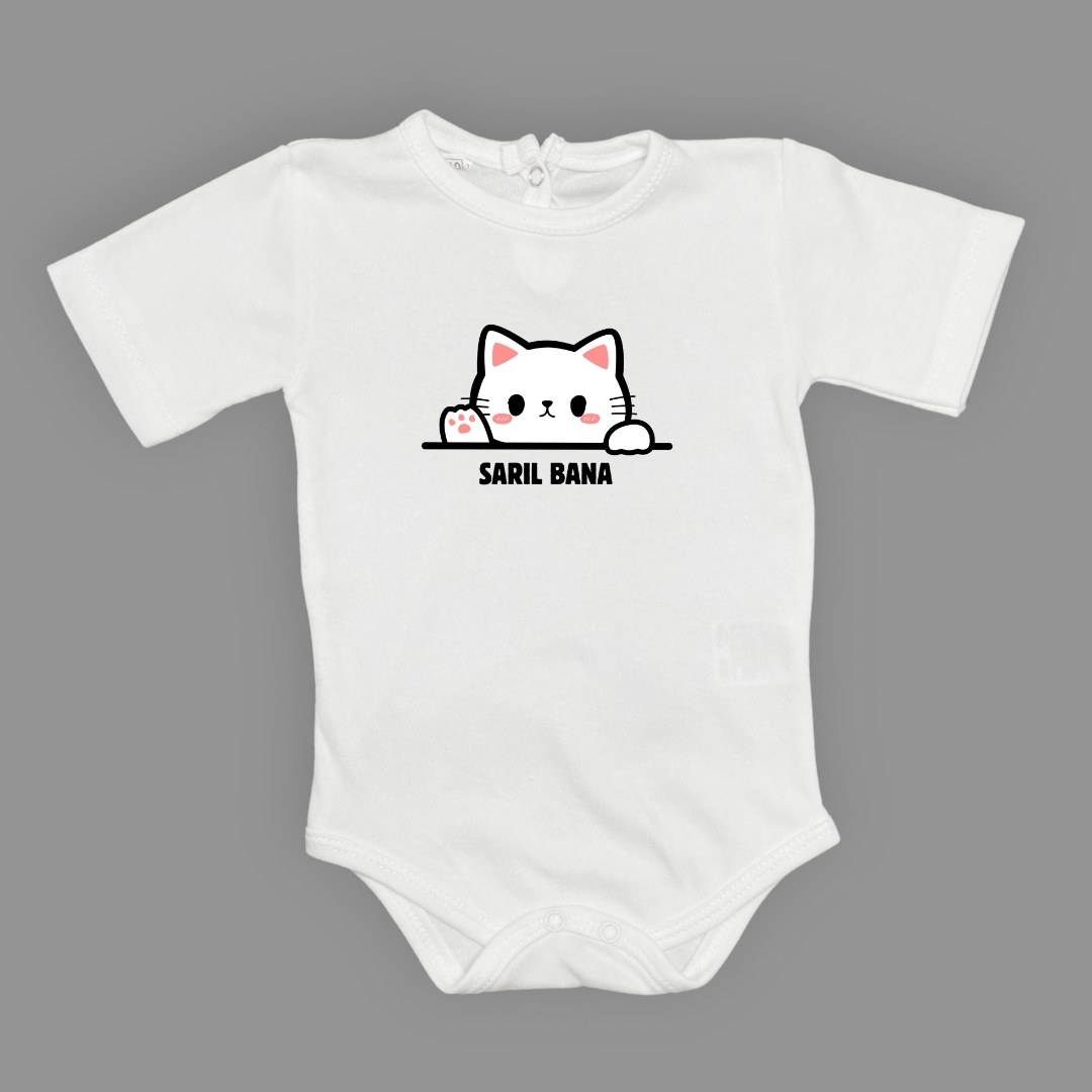 Sarıl Bana Kedi Baskılı Bebek Body Zıbın Çıtçıtlı Badi — BEYAZ