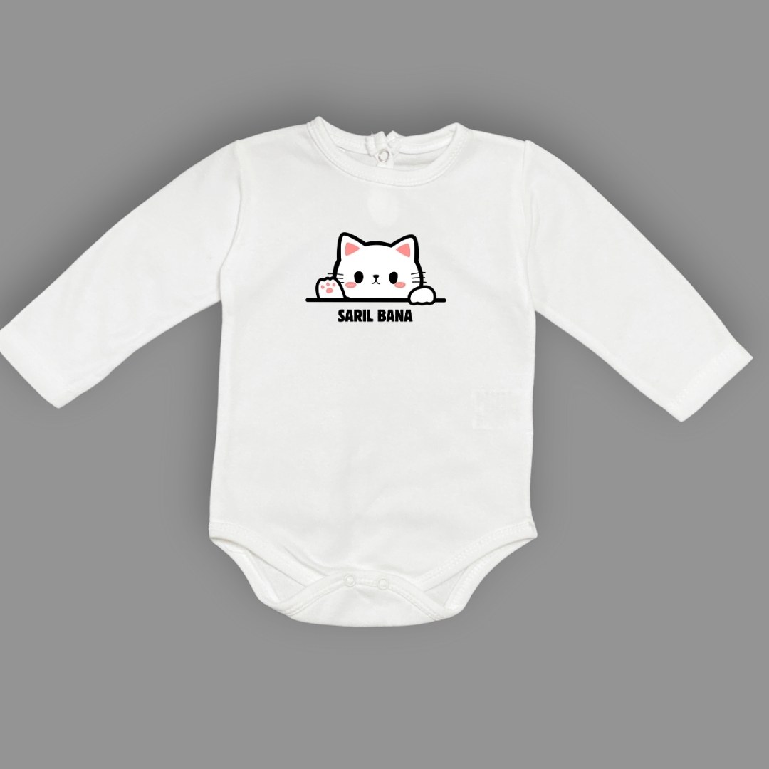 Sarıl Bana Kedi Baskılı Bebek Body Zıbın Çıtçıtlı Badi — EKRU