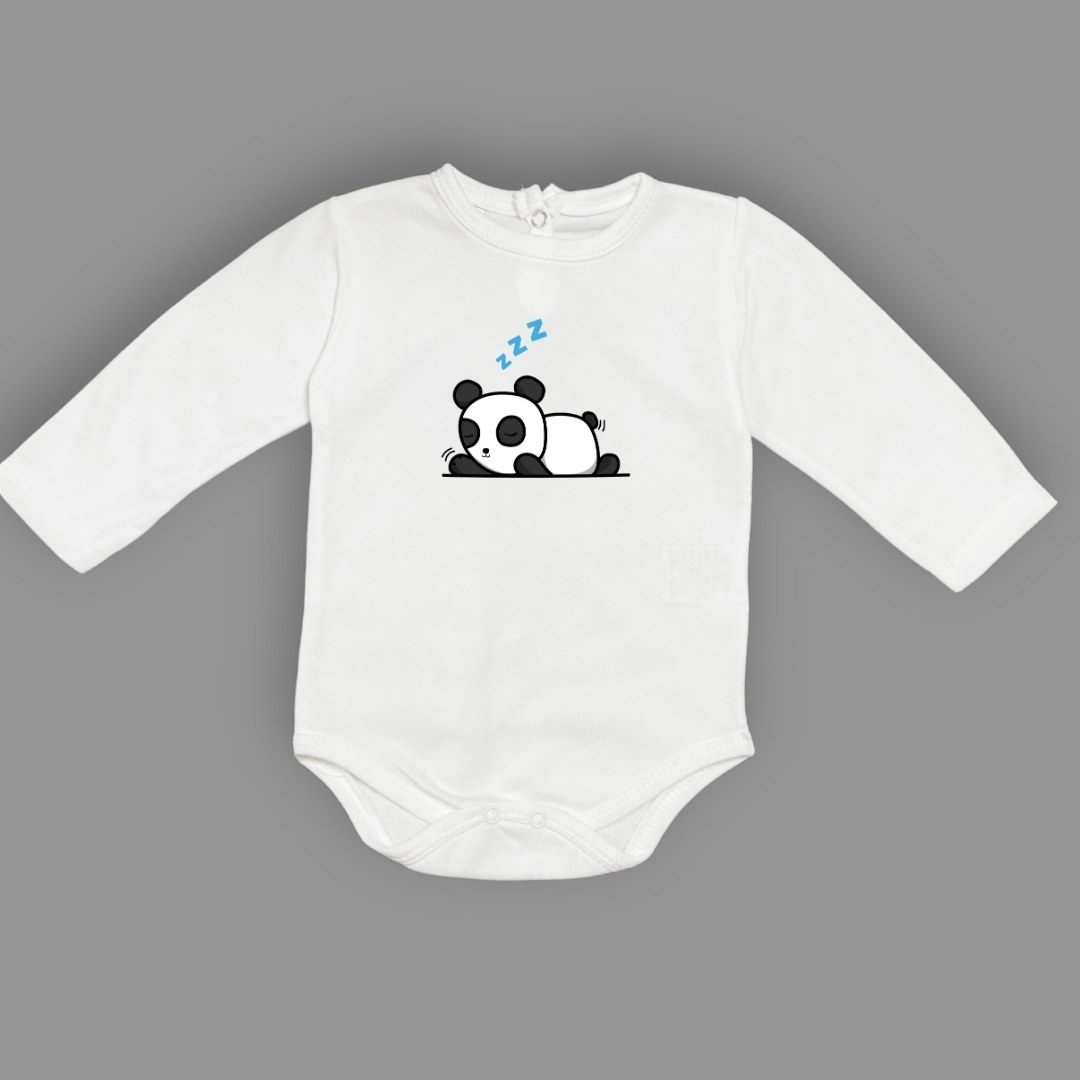 Uykucu Panda Baskılı Bebek Body Zıbın Çıtçıtlı Badi — EKRU
