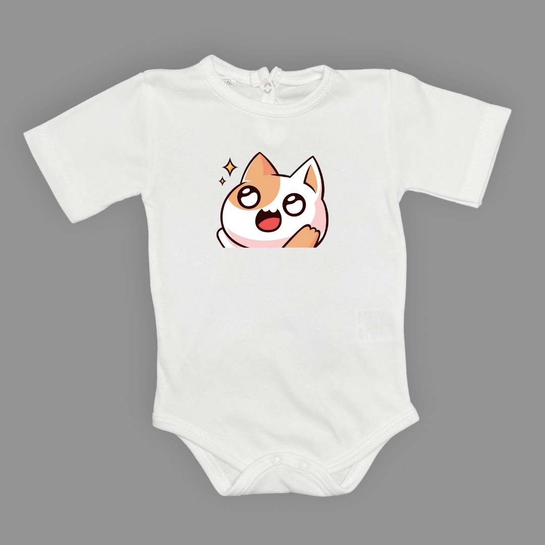 Gözleri Parlayan Kedi Baskılı Bebek Body Zıbın Çıtçıtlı Badi — BEYAZ
