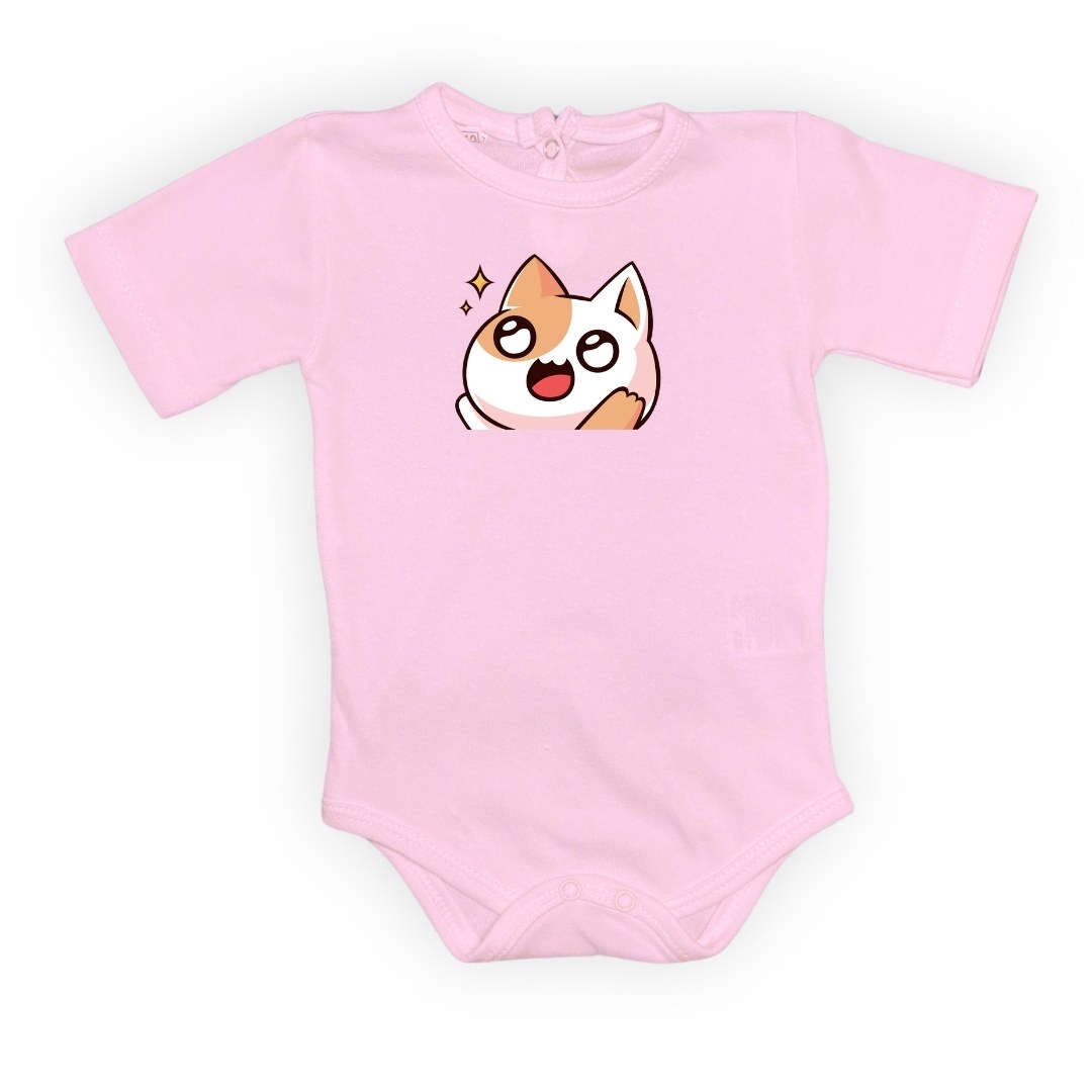 Gözleri Parlayan Kedi Baskılı Bebek Body Zıbın Çıtçıtlı Badi — KOYU PEMBE