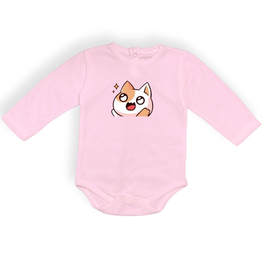 Gözleri Parlayan Kedi Baskılı Bebek Body Zıbın Çıtçıtlı Badi — PEMBE