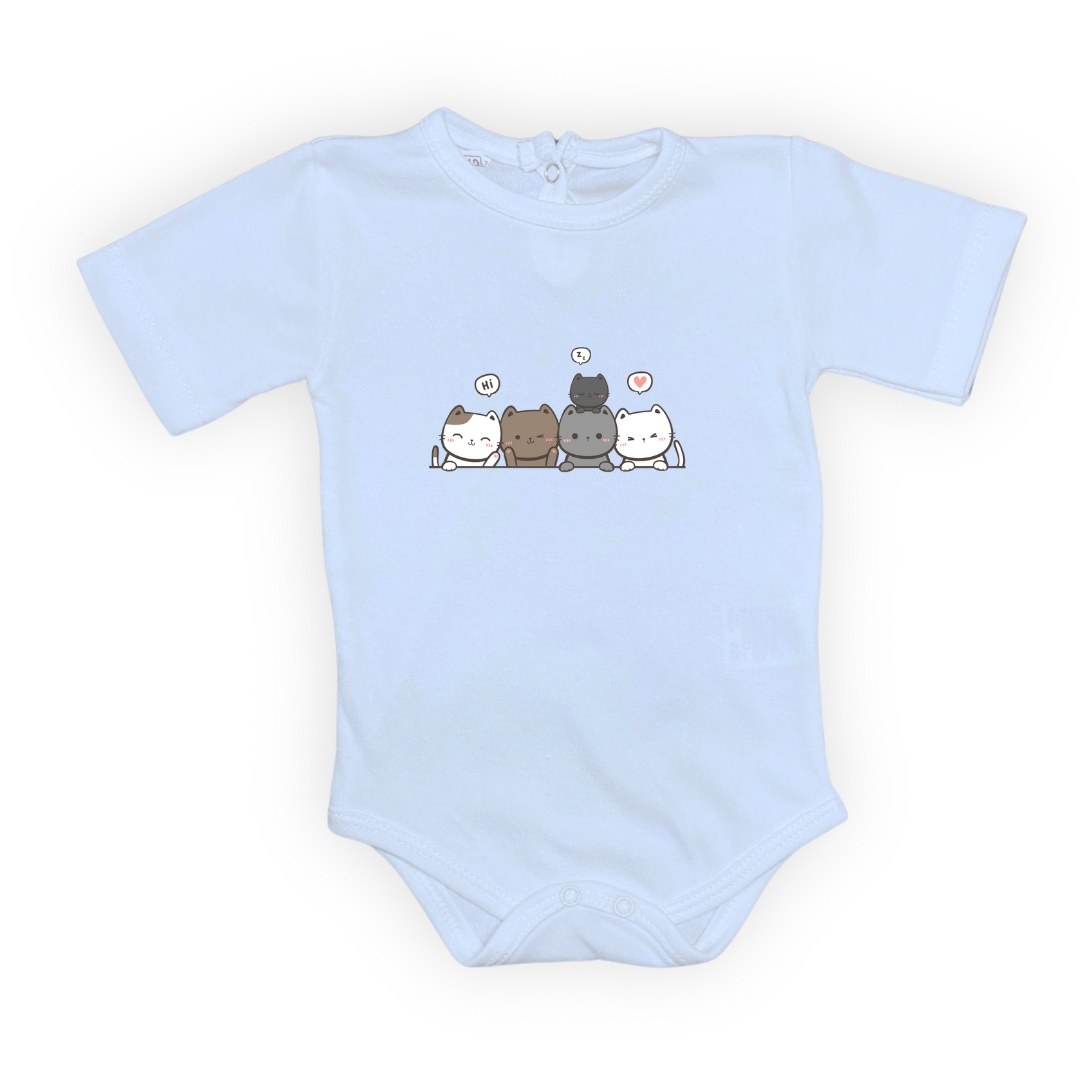 Sevimli Kediler Baskılı Bebek Body Zıbın Çıtçıtlı Badi — BEBE MAVİ