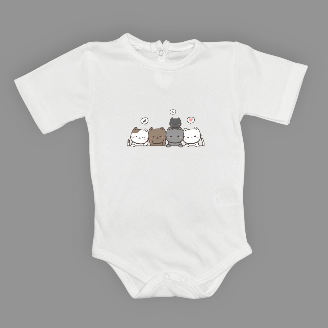Sevimli Kediler Baskılı Bebek Body Zıbın Çıtçıtlı Badi — BEYAZ
