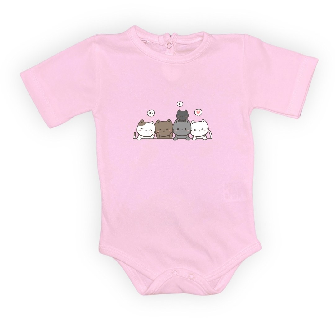 Sevimli Kediler Baskılı Bebek Body Zıbın Çıtçıtlı Badi — KOYU PEMBE