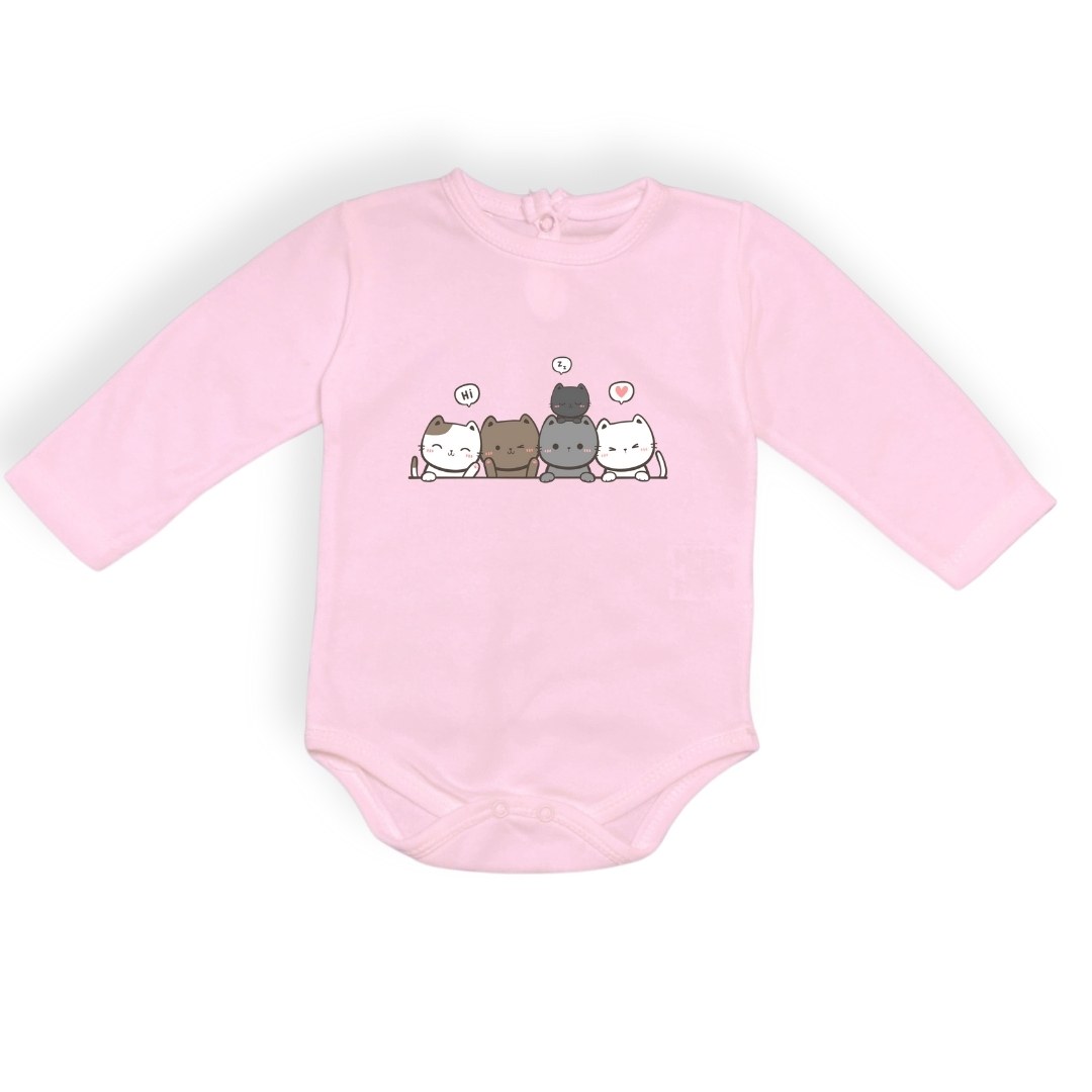Sevimli Kediler Baskılı Bebek Body Zıbın Çıtçıtlı Badi — PEMBE