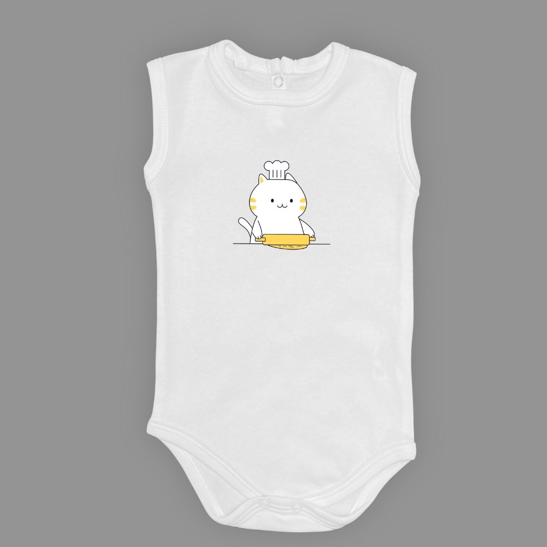 Baskılı Şef Kedi Bebek Çıtçıtlı Body - -KOYU PEMBE-6 AY — AÇIK EKRU