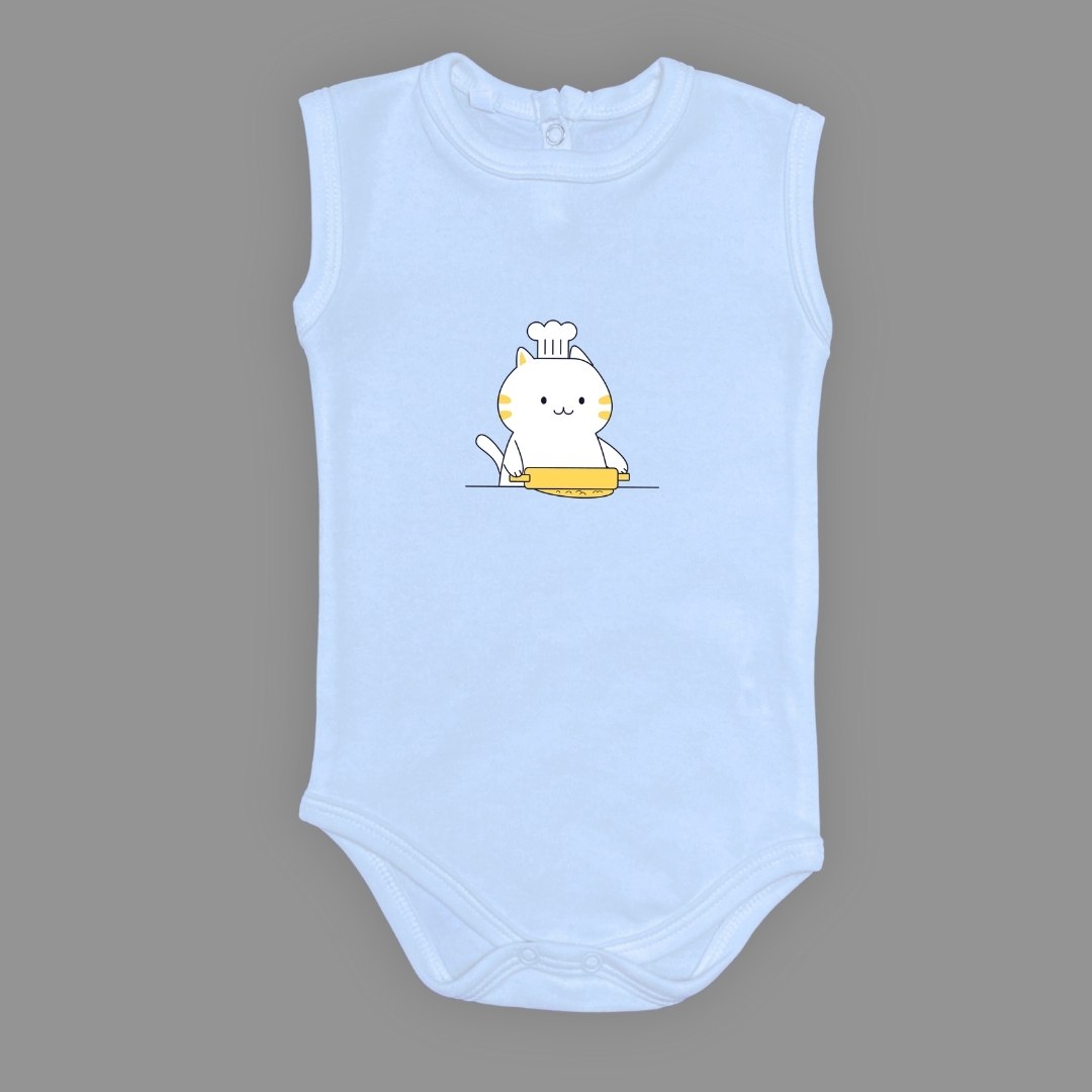 Baskılı Şef Kedi Bebek Çıtçıtlı Body - -KOYU PEMBE-6 AY — AÇIK MAVİ
