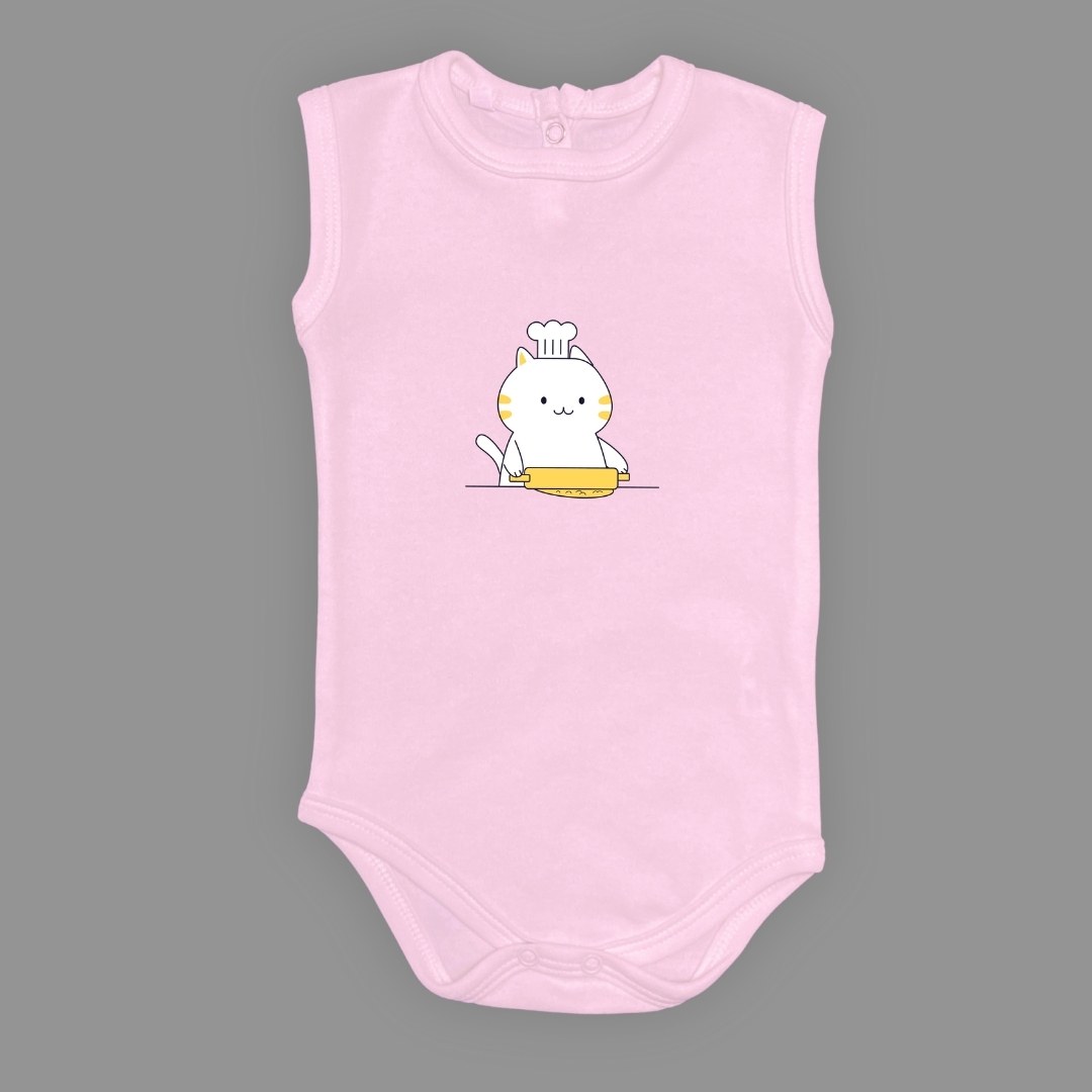 Baskılı Şef Kedi Bebek Çıtçıtlı Body - -KOYU PEMBE-6 AY — AÇIK PEMBE