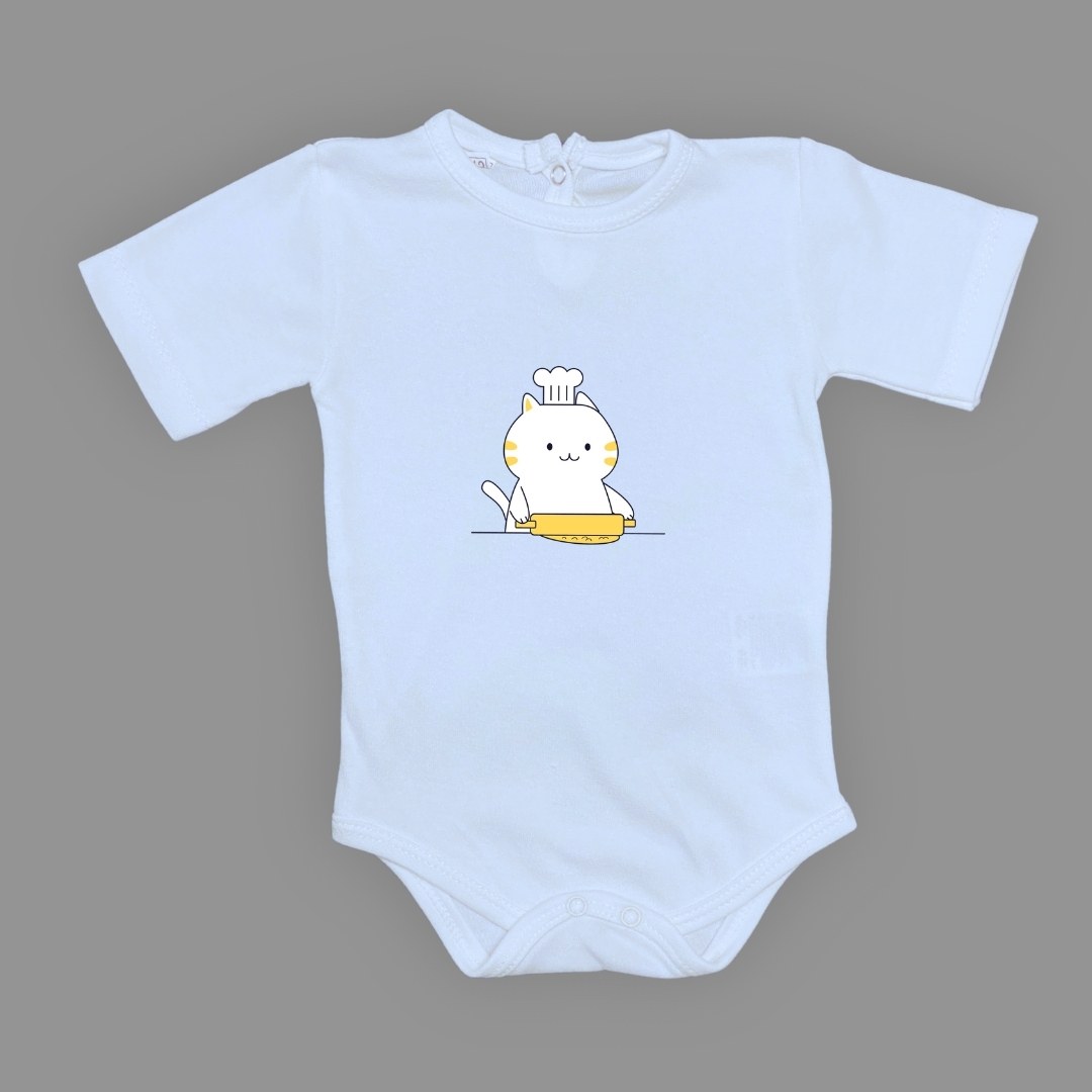 Baskılı Şef Kedi Bebek Çıtçıtlı Body - -KOYU PEMBE-6 AY — BEBE MAVİ