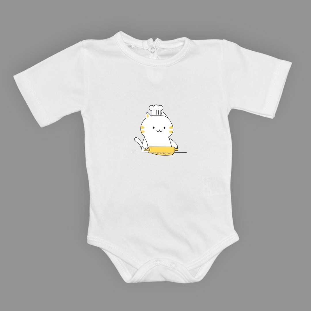 Baskılı Şef Kedi Bebek Çıtçıtlı Body - -KOYU PEMBE-6 AY — BEYAZ
